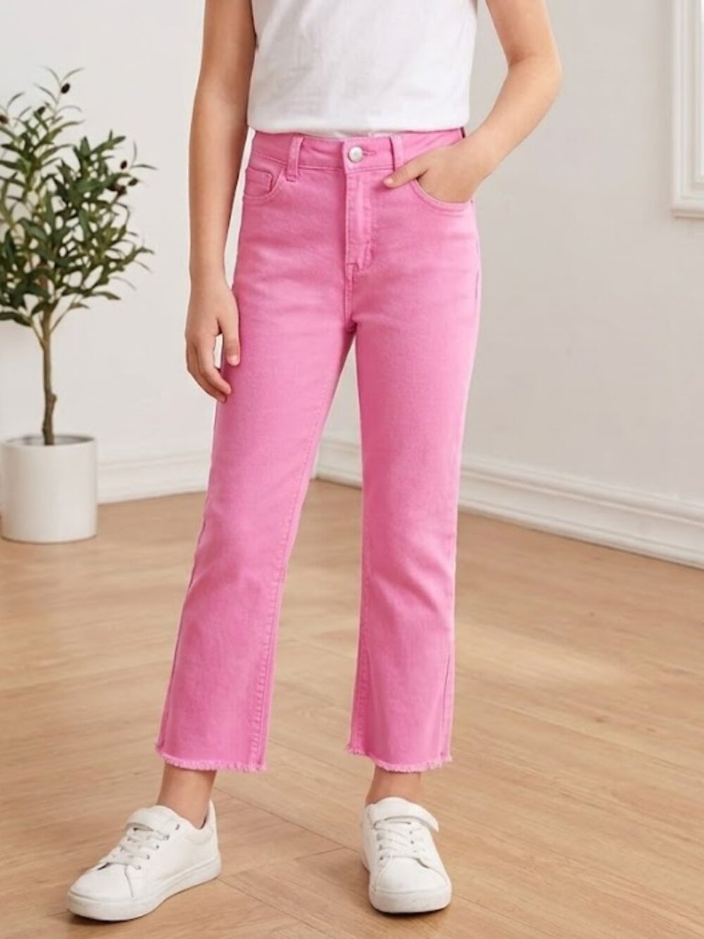 Tractr Bright Solid Colored High Waisted Rise Cut Off Raw Hem Crop Ankle Pants